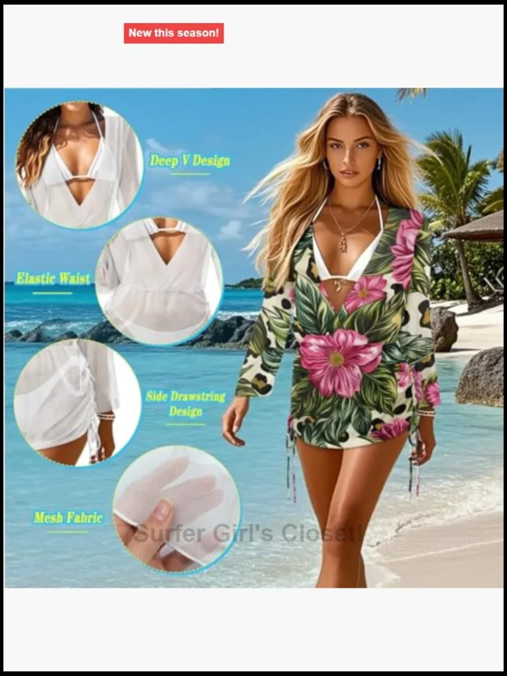 3-Piece Bikini Set with Cover Up Triangle Top Adjustable Straps Floral Pattern